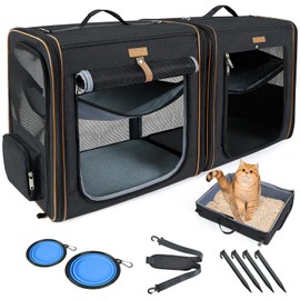 Lekereise 2-in-1 Cat,Dog Carrier for Small Medium Large Pets up to 45 Lbs, (20.85"*2)*19.7"*19.7" Car Travel Carrier with Litter Box, Bowl, and Locking Zipper - Black