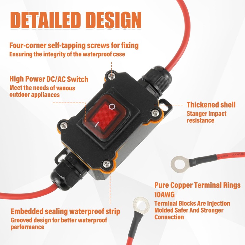 JAMHER DC 12V-24V Waterproof Inline Switch IP65 DPST Dual Side