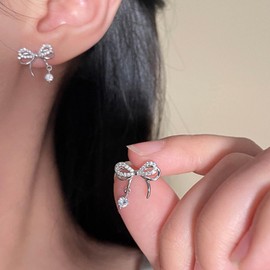 Wendalern Rhinestone Bow Stud Earrings Cubic Zirconia Dangle Drop Earrings Sparkly CZ Diamond Bow Tie Earrings Small Crystal Bowknot Earrings Jewelry for Women Girls