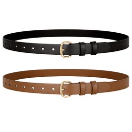 SANSTHS 2 Pack Faux Leather Belt Women for Jeans Pants Dresses, Skinny Belt Women with Gold Alloy Buckle, Black Brown M