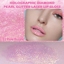 Prreal Glitter Lip Gloss, Shimmer Lip Plumper Gloss, Holographic Glitter Liquid Lipstick, Diamond Pearl Shine Lip Glaze, Non-Sticky Long Lasting Chameleon Laser Lip Eyeshadow Makeup(11 Pink-Purple)