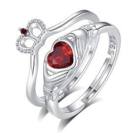 INFUSEU Claddagh Rings for Women Sterling Silver Irish Jewelry Celtic Knot January Birthstone Garnet Red Birth Stone Heart Hand Crown Stackable Ring Gifts Set Birthday Valentines Mothers Day