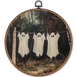 TLESKE Fall Halloween Ghost Clothesline Round Wall Art Decor Framed 10x10