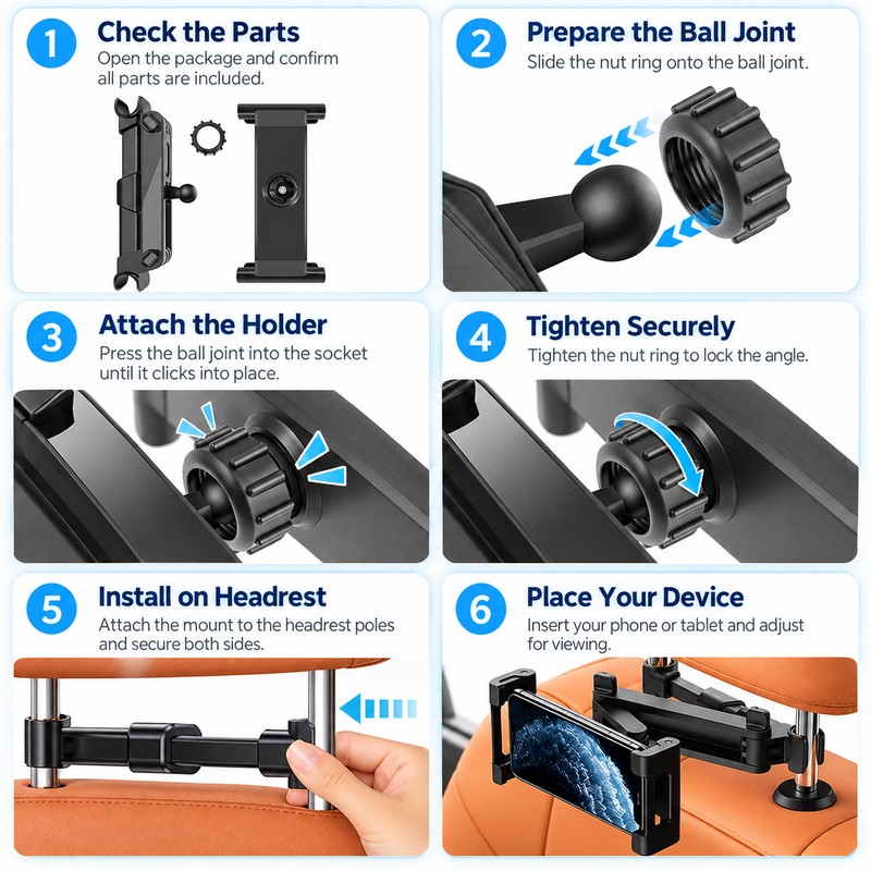 Car Headrest Tablet Holder for Backseat Viewing – Adjustable Foldable