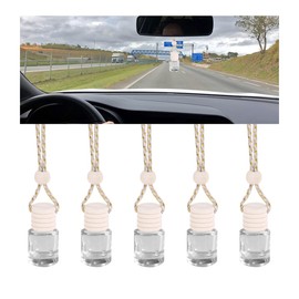 Osilly 5PCS Hanging Car Air Freshener, 8 ml Oil Diffuser Perfume Aromatherapy Pendant Empty Glass Bottle, Fragrance Ornament with Vent Clip Wooden Cap and Rope, Auto Interior Decoration (Cylindric)