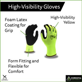 Cordova 3991XL Contact Gloves, 13-Gauge, Hi-Vis Green Nylon Shell, Black Foam Latex Palm Coating, X-Large, 12-Pack Bulk Work Gloves