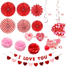 Mauts Valentines Decorations Love Paper Fan Flower Set with Simulated Petals and a Love Card for Valentine's Day Decoration Party (red)