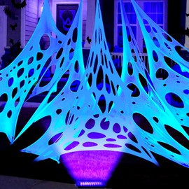 wymulot Glow in The Dark White 1000 Sqft Uncut Giant Spider Web Halloween Decorations Outdoor with 1 Black Light &10 Ground Nails Stretchy Beef Cloth Netting DIY Flexible Elastic for Yard Party Decor