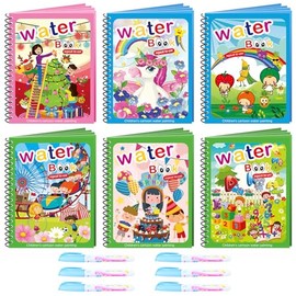 6PCS Libros Mágicos para Colorear con Agua, Water Wow, Cada Libro Incluye 4 Ráginas reutilizables de Water Art y 1 Water Pen, Juguete Educativo para N