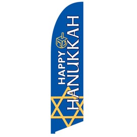 Vispronet Happy Hanukkah Feather Flag - Made from Tear-Resistant Knitted Polyester, Visible from Both Sides - 2.6ft x 11.2ft Swooper Flag - Flag Only