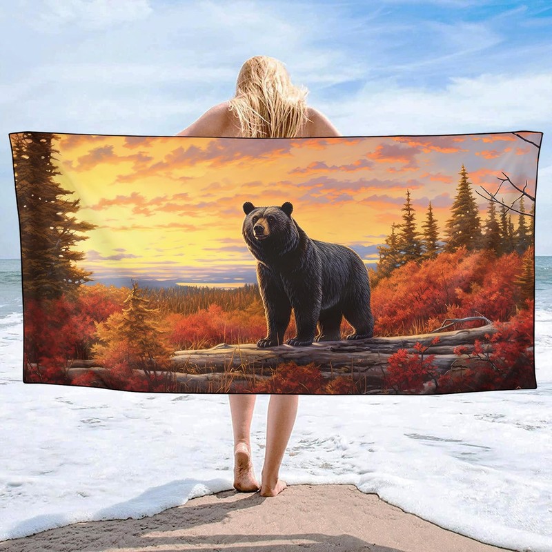 YISUMEI Microfibre Beach Towel Printed with Black Bear, Soft, Lightweight,