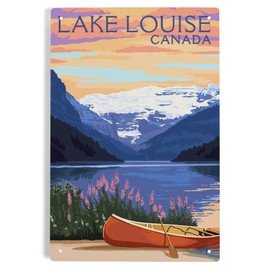 Lantern Press 6x9 Inch Metal Sign, Lake Louise, Canada, Victoria Glacier, Lake Scene and Canoe