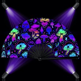 Zolee UV Glow Rave Folding Hand Fan with Bamboo Ribs for Men/Women - Large Clack Festival Fan - for EDM, Dance Music Festival Party, Performance, Decorations, Gift (Purple Mushroom)
