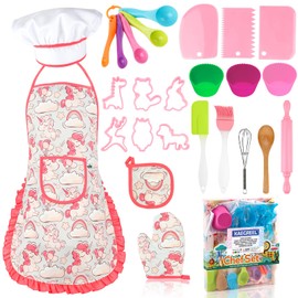 KAEGREEL Kids Baking Chef Set with Unicorn Apron, 26pcs Kid Cooking Set with Chef Hat Spoons Whisk, Chef Role Play Gifts for Boys Girls Aged 3+, Pink