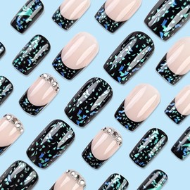 Square Press on Nails Short French Tips Fake Nails Glitter Acrylic False Nails with Rhinestone Glue on Nails Medium French Nails Press on Stick on Nails for Women Girls Manicure 24pcs