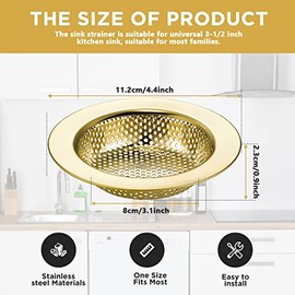 Retisee 2 Piezas Colador de Drenaje para Fregadero de Cocina Dorado Juego de Filtros de Tapón de Acero Inoxidable de Cesta Tapón de Fregadero Antiobstrucción para Estándar de 3 1/2 Pulgadas Basurero