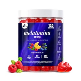 Melatonina 10 mg por porción, 120 gomitas sabor frutos rojos, sin azúcar añadida, veganas, suplemento alimenticio