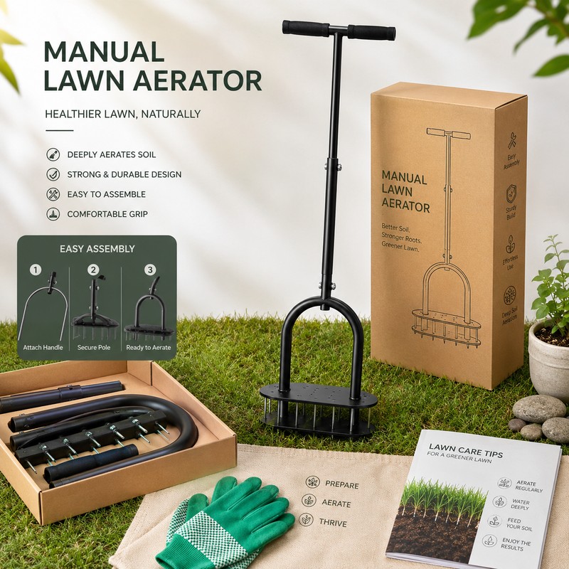 Manual Lawn Aerator for Soil Care – 15-Spike Adjustable Yard