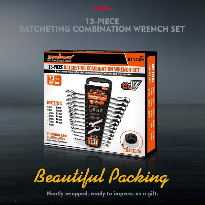 HORUSDY 13-Piece Sturdy Ratcheting Wrench Set | Metric Sizes 6–19mm