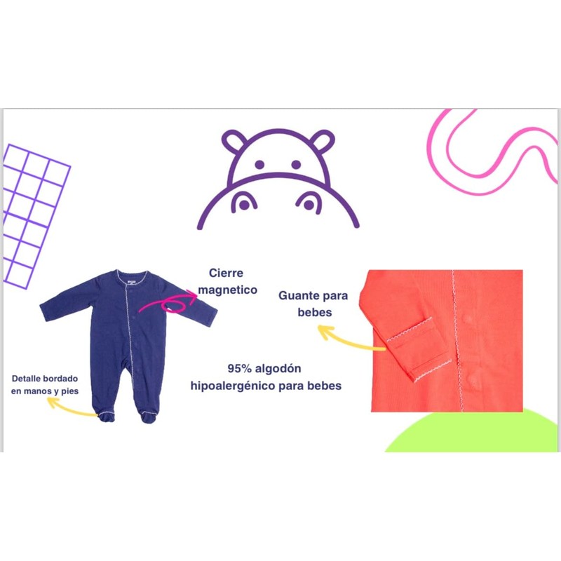 Happy Hippo Pijama para bebé de una Pieza con Cierre