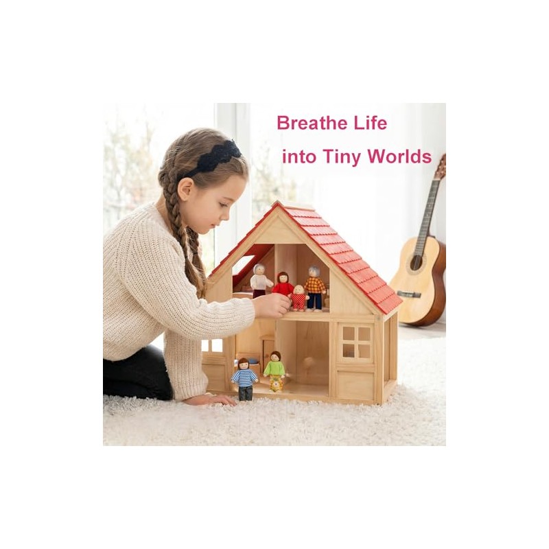 14 Pcs Wooden Dollhouse People Family Set with Movable Limbs,