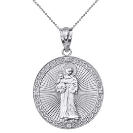 Sideways Crosses Sterling Silver St. Anthony Of Padua Round Medal CZ Pendant Necklace (1.17"), 20"