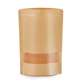 Larzack 100pcs Kraft Bags with Window 5.9x8.6 Inches Brown Reusable Sealable Zip Lock Food Storage Stand up Paper Pouches for Home or Business