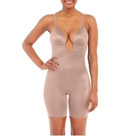SPANXshape Suit Your Fancy Plunge Low-Back Mid-Thigh Bodysuit - Comfortable One Piece - Medium Compression - Seamless - Cafe Au Lait - S