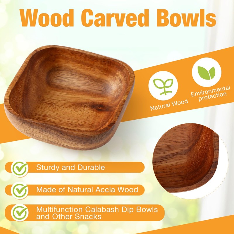 FillTouch 6 Pcs Small Wooden Candy Bowl Square Acacia Serving