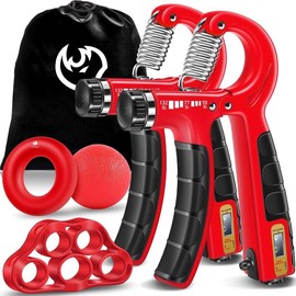 Hand Grip Strengthener Workout Kit (5 Pack), 2 Forearm Grip Adjustable Resistance Hand Gripper, Finger Stretcher, Grip Ring &   Grip Ball for Athletes - Color: Crimson