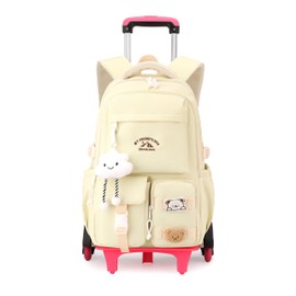NIWEIYA Girls Rolling Backpack with Wheels, School Backpack with Wheels for Girls, Rolling School Bag Roller Bookbag Kids Carry-on Luggage, Light yellow