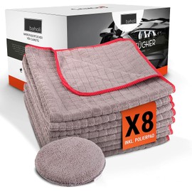 BAHOLI 8 x Microfibre Cloths Including 1 x Polishing Pad Extra Gentle on Paint - Microfibre Cloth Car Care 40 x 40 cm Lint-Free & Without Fraying
