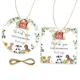 50pcs Farm Thank You Tags, Farm Animals Gift Tag with String for Baby Shower Party, Pig/Duck/Horse Round Thank You Paper Tags for Farm Themed Birthday Party Favors