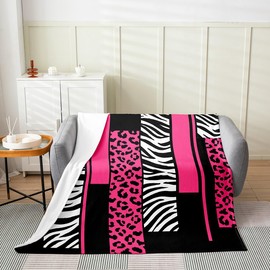Feelyou Leopard Zebra Plush Throw Blanket, Throw 50"x60" Kids Cheetah Pink White Black Flannel Fleece Blanket for Teens Animal Print All Season,Bed Blanket Breathable Safari Geometry Room Decor