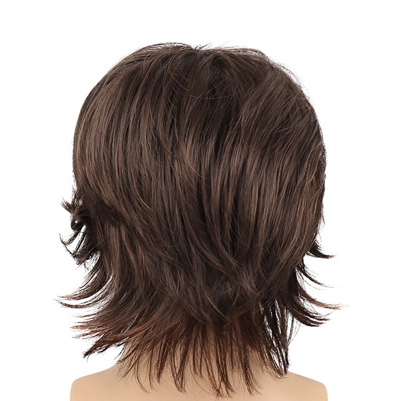 Mens Short Wig with Long Bangs Adjustable Brown Soft Simulation