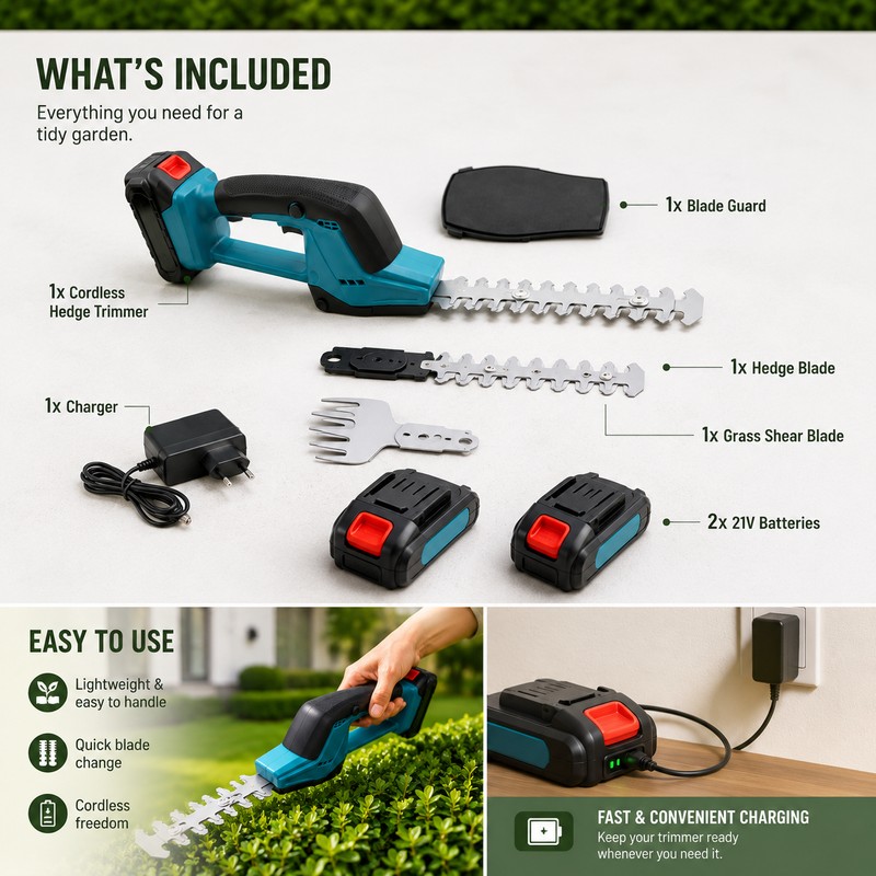 2-in-1 Cordless Hedge Trimmer and Grass Shear – 21V Handheld