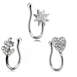 Fake Nose Rings: 3pcs Septum Nose Hoop Rings Clip On Non-Pierced Adjustable Cuffs - Silver