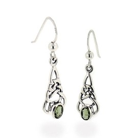 Sterling Silver Celtic Knot and Genuine Green Meteor Rock (Moldavite) Hook Earrings
