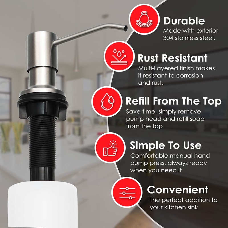 Soap Dispenser for Kitchen Sink (Brushed Nickel), Fit 1-to-1.25-inch Hole,