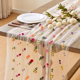 Wracra Embroidery Cheesecloth Table Runner Daisy Summer Fall Table Runner 120 inch 10ft Florals Gauze Table Runners for Wedding Party Baby Shower Birthday Home Decor Holiday Decorations, Champagne
