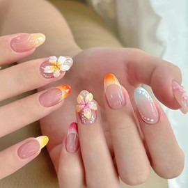 24Pcs Flower Press on Nails Short Almond Fake Nails with Colour French Tip Design Nude False Nails Full Cover Artificial Glue on Nails Spring Summer Stick on Nails for Women Manicure Decorations Tips