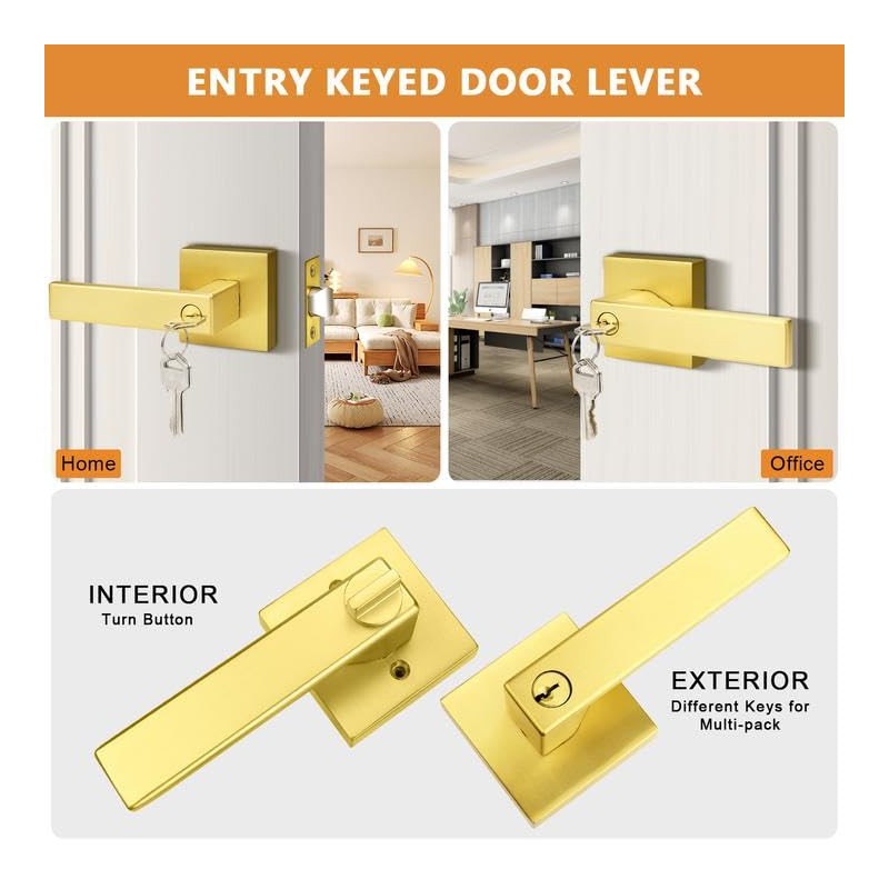 Probrico Brushed Gold Keyed Entry Door Handle Square Heavy Duty