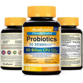 NewRhythm Probiotics 50 Billion CFU 20 Strains, 120 Veggie Capsules, Targeted Release Technology, Stomach Acid Resistant, No Need for Refrigeration, Non-GMO, Gluten Free