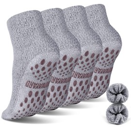NOVAYARD 4 Pairs Non Slip Fuzzy Socks Hospital Slipper Crew Grip Cozy socks Men Women(Grey,Large)