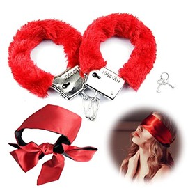 DMQ Fluffy Handcuffs, Metal Handcuffs with 2 Keys, Sleep Eye Mask Play,Cosplay Costume Props for Cosplay,Valentine's Gift Handcuffs Prop Dress Ball Party (Purple) (Red)