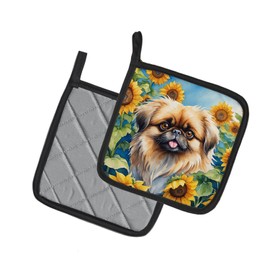 Caroline's Treasures Pekingese in Sunflowers Pair of Pot Holders Kitchen Heat Resistant Pot Holders Sets Oven Hot Pads for Cooking Baking BBQ, 7 1/2 x 7 1/2