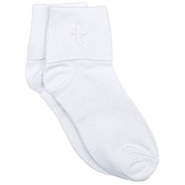 Christening Day White Cotton Anklet Sock with Embroidered Cross - 3-5 Youth Shoe Size