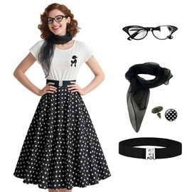 1950s Poodle Skirts Sock hop Outfits Women 50s Poodle Dress with Belt Glasses Earrings and Scarf(Z3755BK,M)