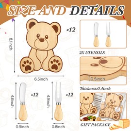 Ziliny 12 Set Baby Shower Prizes Bear Shaped Cheese Board with Cheese Knives and Forks Baby Shower Party Favors Gift Box for Wedding Bridal Birthday Gender Reveal Favor (Bamboo Color)