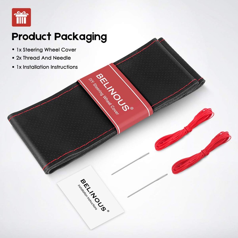 BELINOUS Universal Leather Car Steering Wheel Cover, Stitch On Wrap